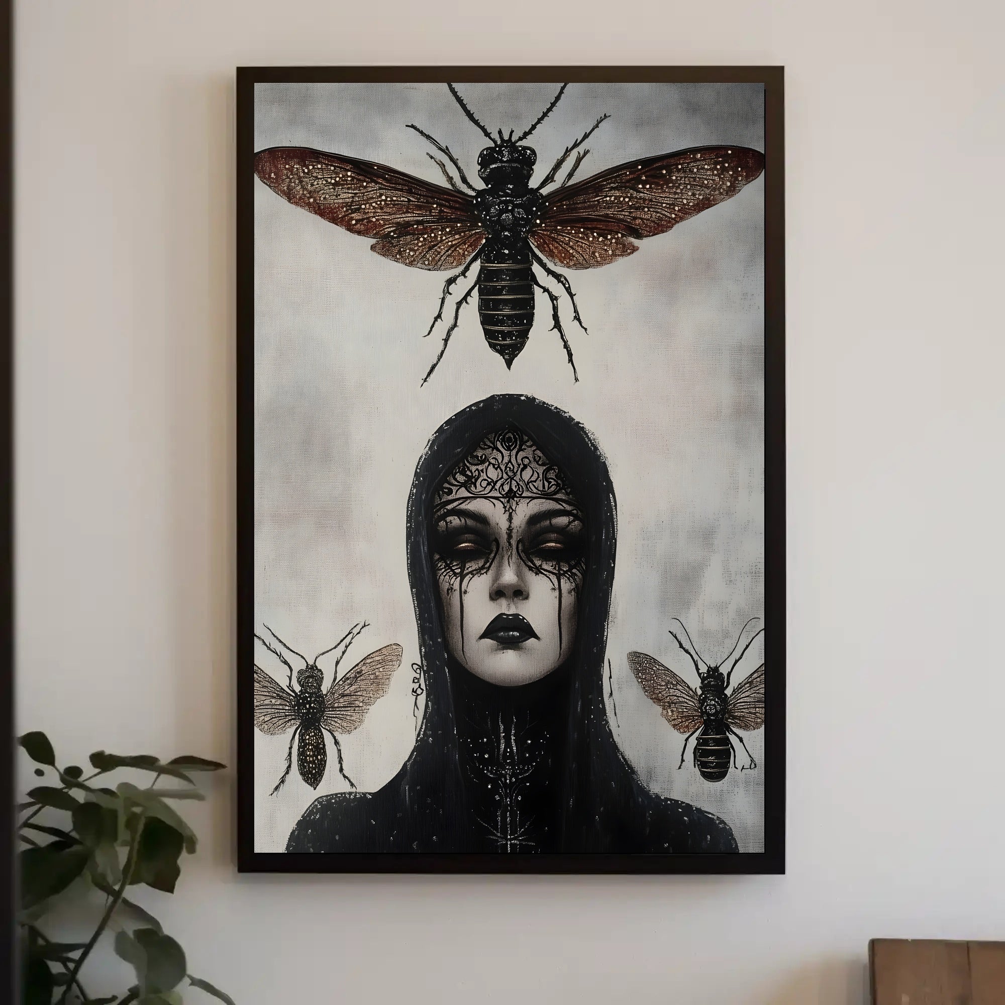 Eerie Gothic Woman with Insects: Artistic Poster PosterGoat