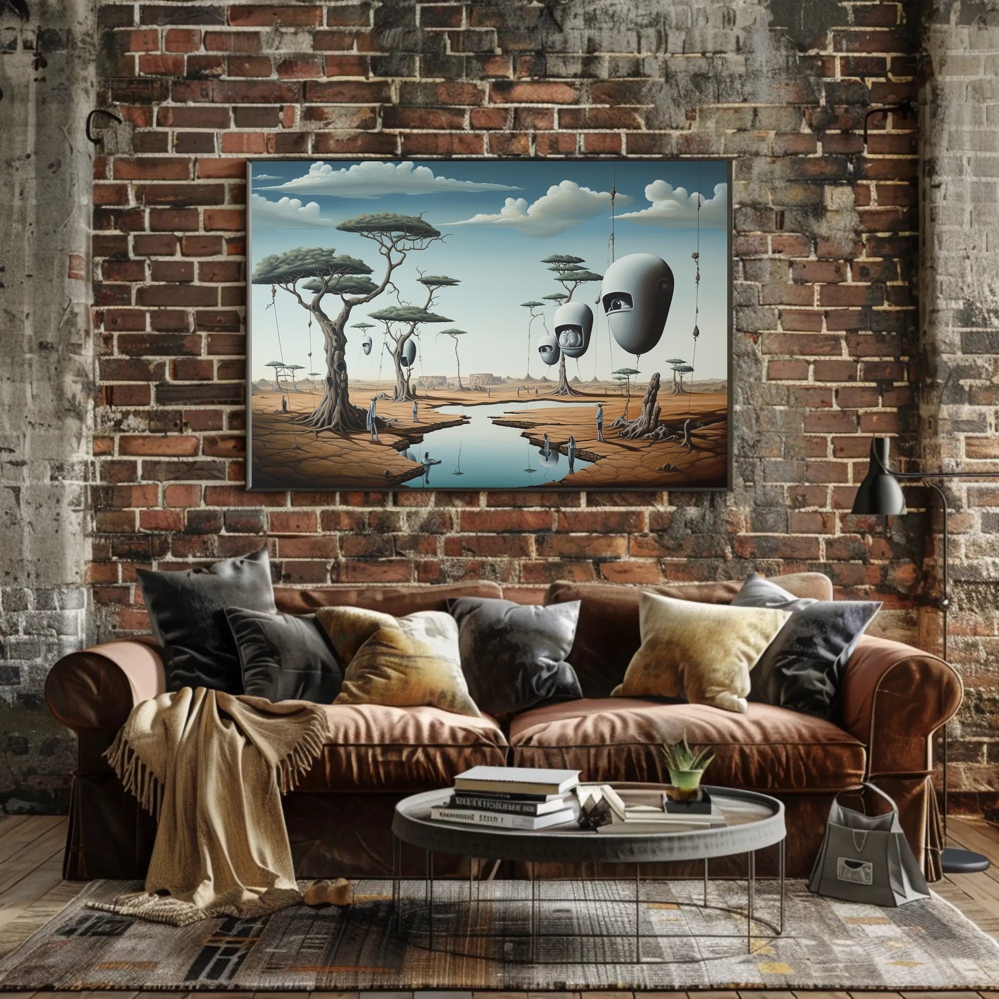 Surreal Landscape with Humanoids: Futuristic Sci-Fi Poster