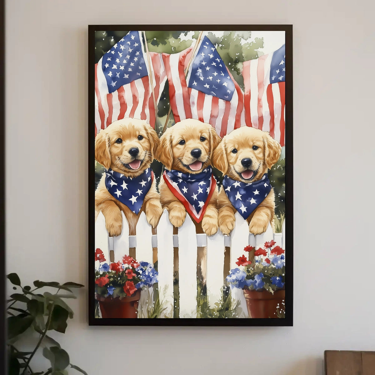 Vibrant Trio Of Golden Retriever Puppies Artwork Poster