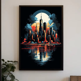 Futuristic Cityscape Moonlit Skyline Art Poster