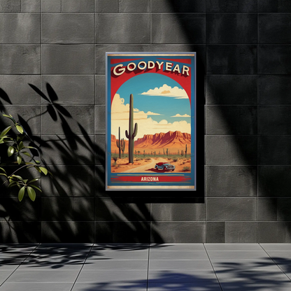 Goodyear Arizona Desert Roadster Mountains Vintage Travel Poster