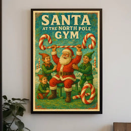 Santa's Whimsical Workout Festive Pop Culture Poster