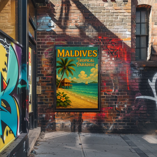 Maldives Tropical Hut With Sailboat Scene Travel Poster