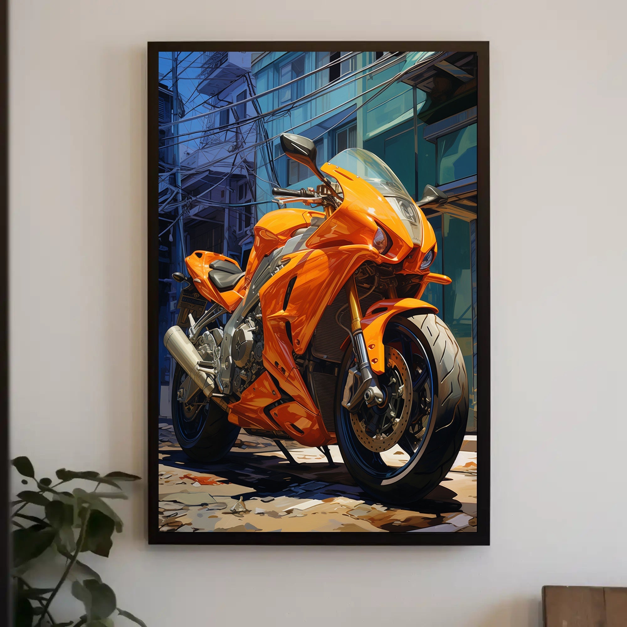 Vibrant Urban Motorcycle Poster PosterGoat