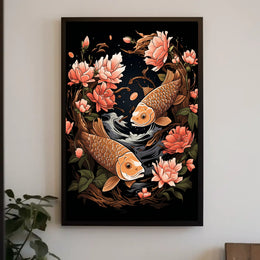 Koi Fish and Peony Japanese Art Poster