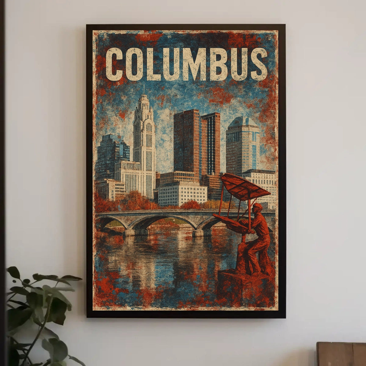 Art Deco Columbus Skyline Nostalgic Vintage Travel Poster