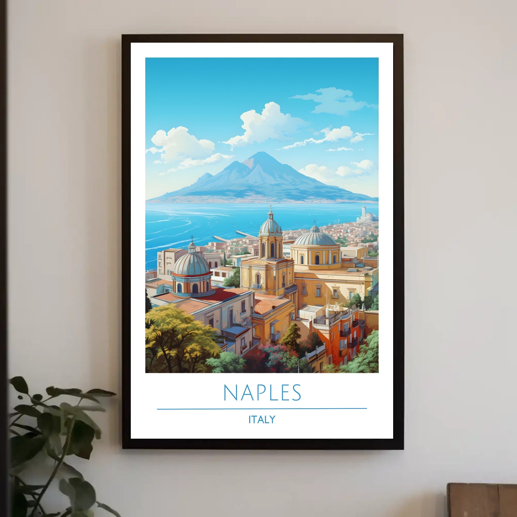 Naples Architecture with Mount Vesuvius Travel Poster