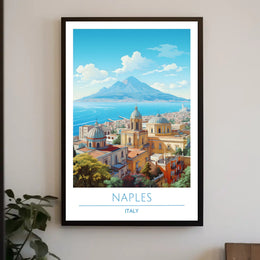 Naples Architecture with Mount Vesuvius Travel Poster