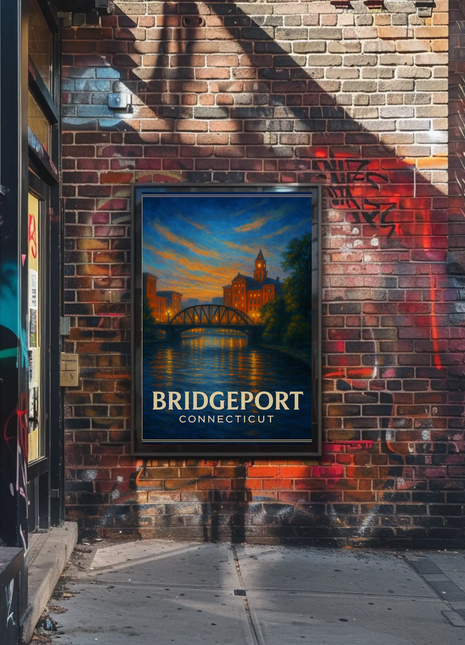 Bridgeport Connecticut Twilight River Skyline Travel Poster