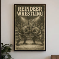 Reindeer Wrestling Holiday Whimsy Poster - Fantasy or Mythology Poster