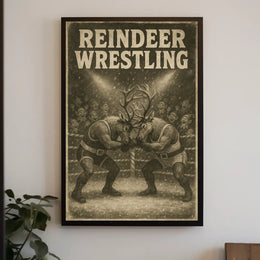 Reindeer Wrestling Holiday Whimsy Poster - Fantasy or Mythology Poster