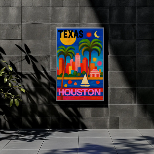 Texas Houston Palm Trees Sailing Skyline Vintage Travel Poster