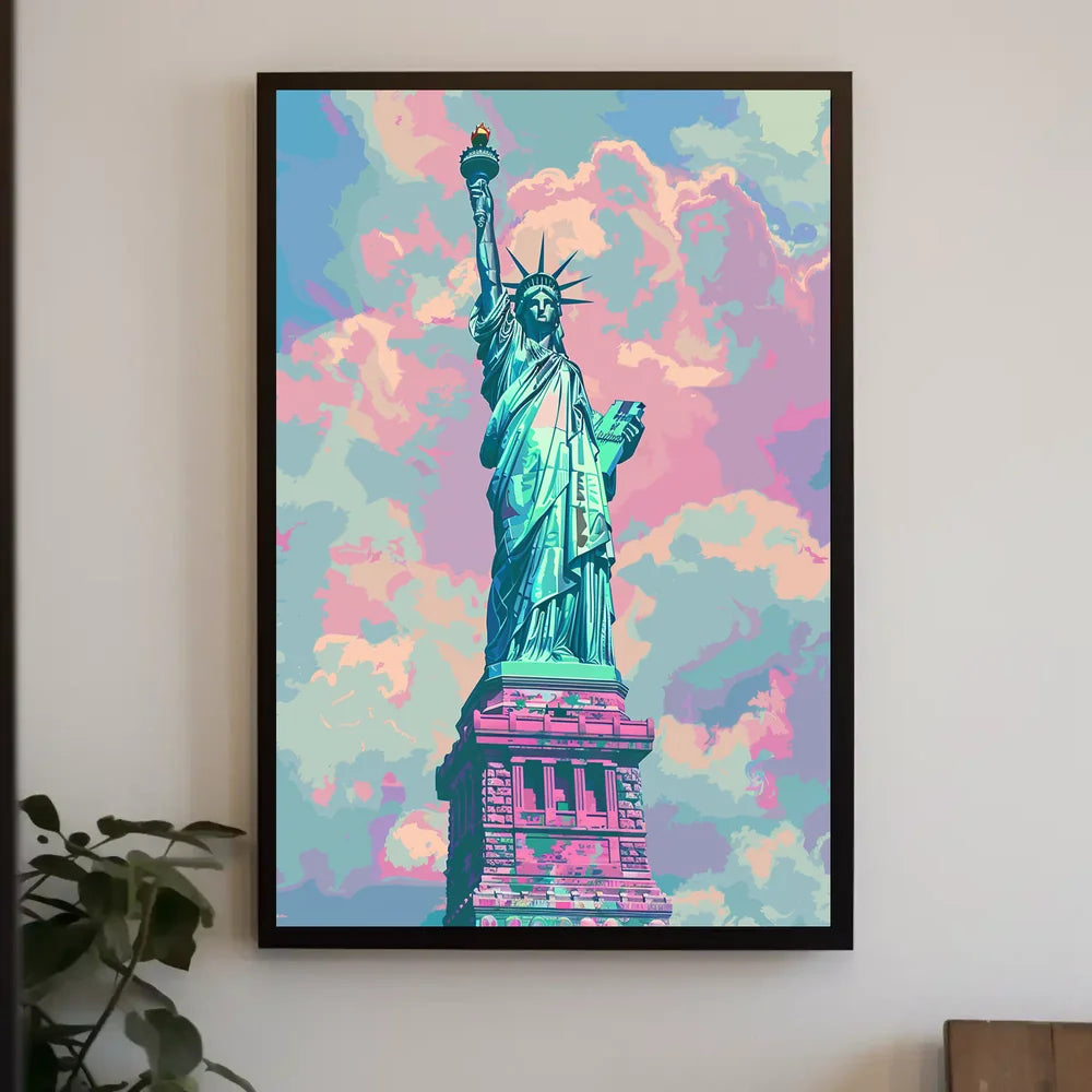 The poster features an artistic depiction of the Statue of Liberty, a symbol Travel Poster