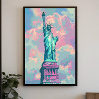 The poster features an artistic depiction of the Statue of Liberty, a symbol Travel Poster