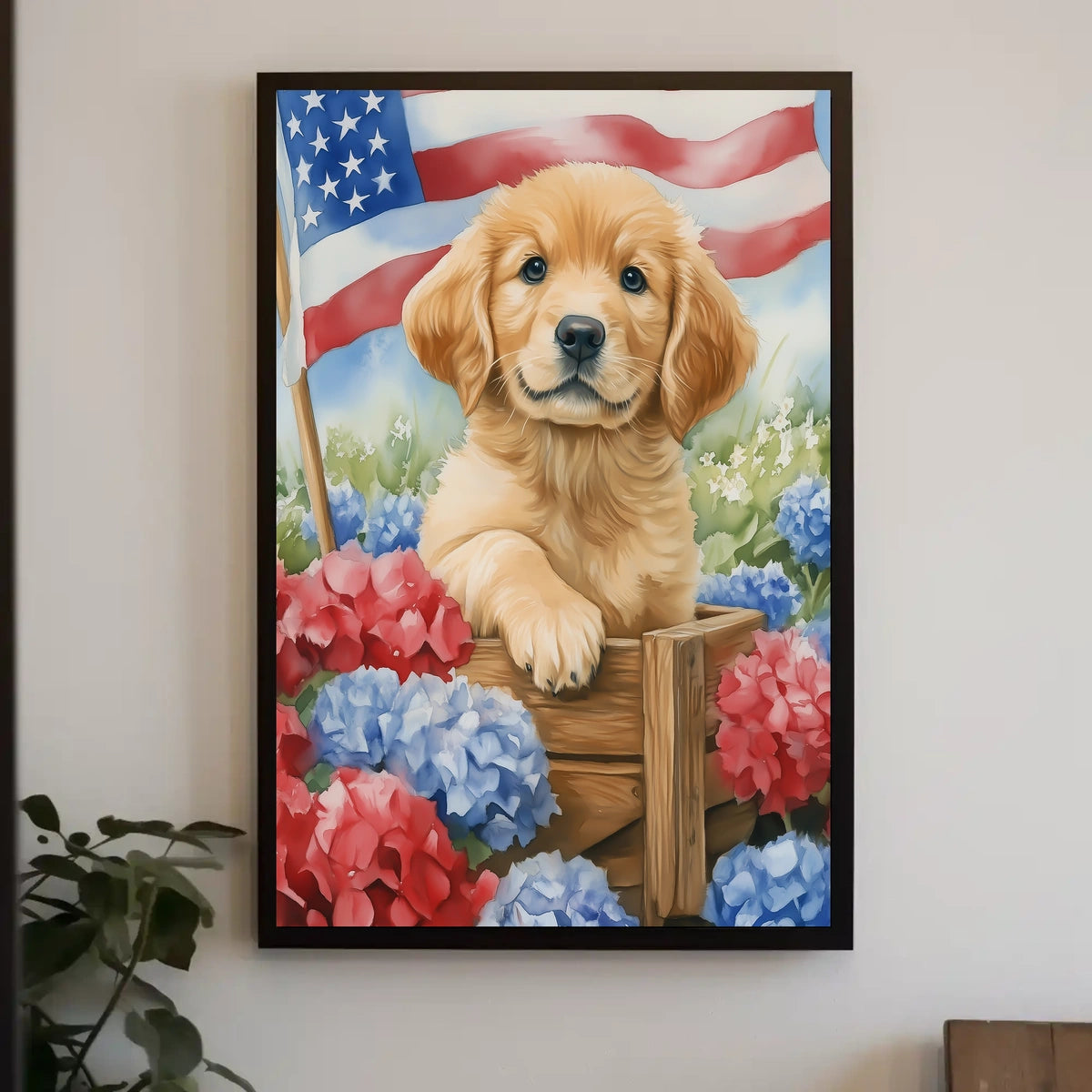 Golden Retriever Puppy In A Wagon With Flowers Poster