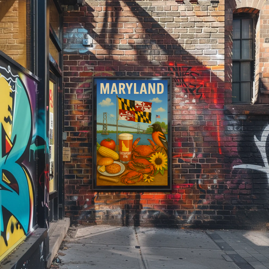Maryland Crab Bridge Beer Corn Bird Flag Travel Poster