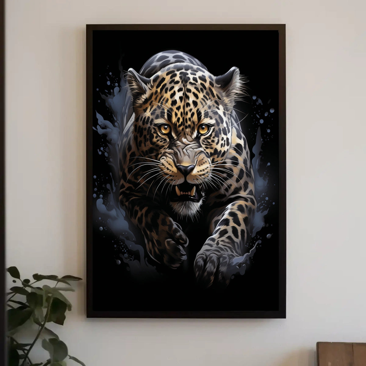 The poster features a dynamic and intense depiction of a leopard in mid-pounce. Travel Poster