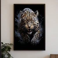 The poster features a dynamic and intense depiction of a leopard in mid-pounce. Travel Poster