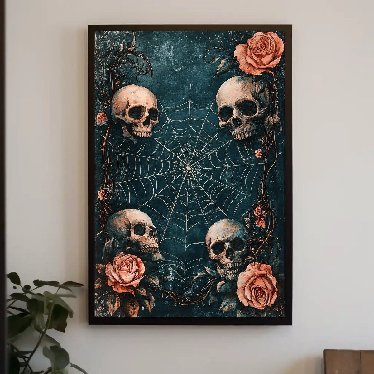 The poster has a gothic and macabre theme, featuring four human skulls arranged Travel Poster