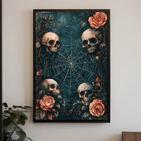 The poster has a gothic and macabre theme, featuring four human skulls arranged Travel Poster