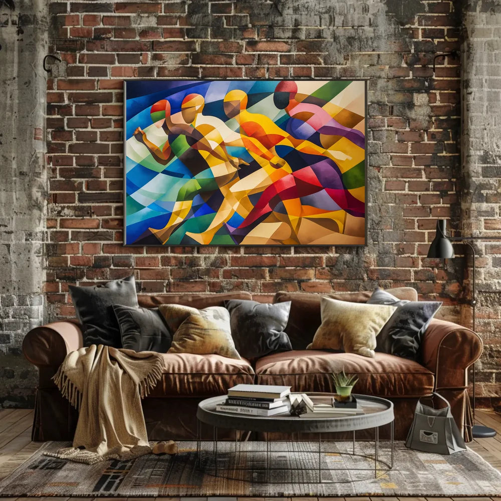 Dynamic Cubist Athletes in Motion Art Poster