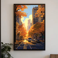 Urban Autumn Street Scene: Abstract, Artistic, or Pop Culture Poster