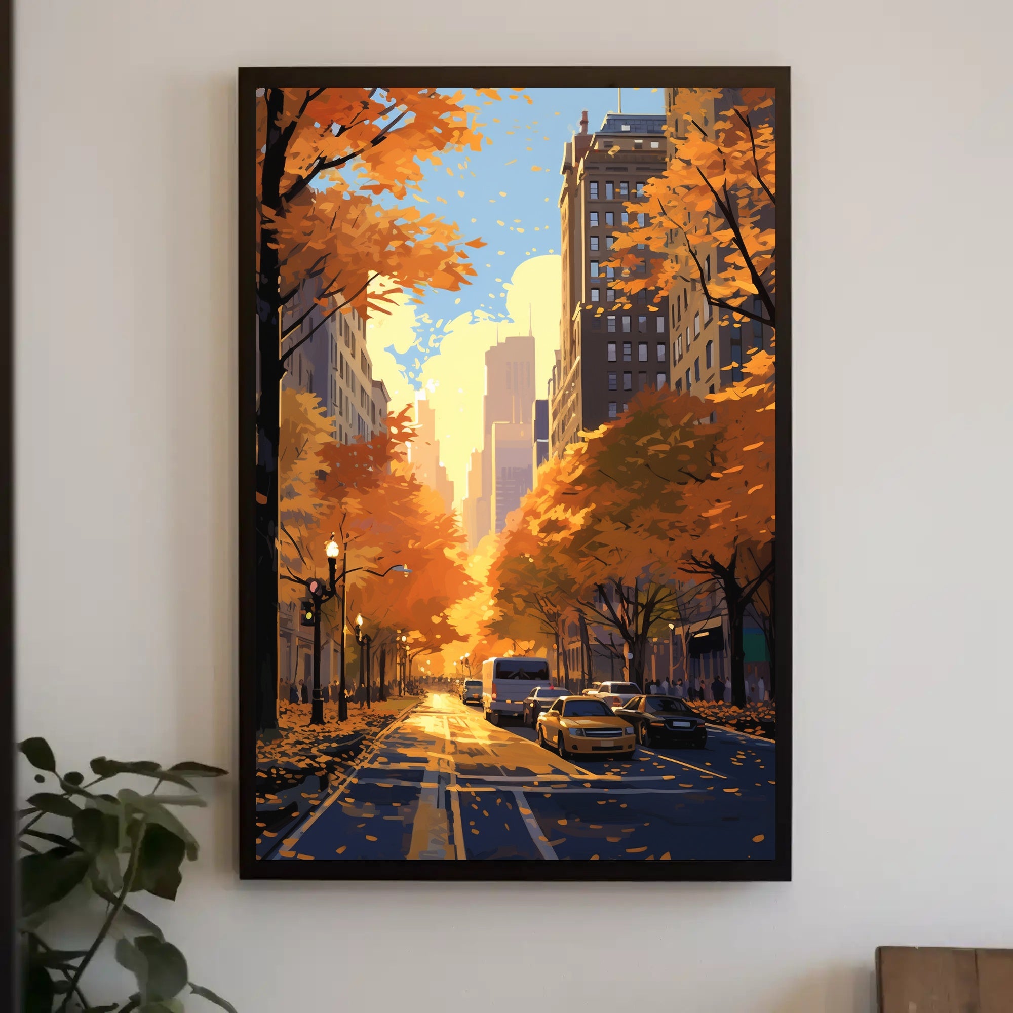 Urban Autumn Street Scene: Abstract, Artistic, or Pop Culture Poster