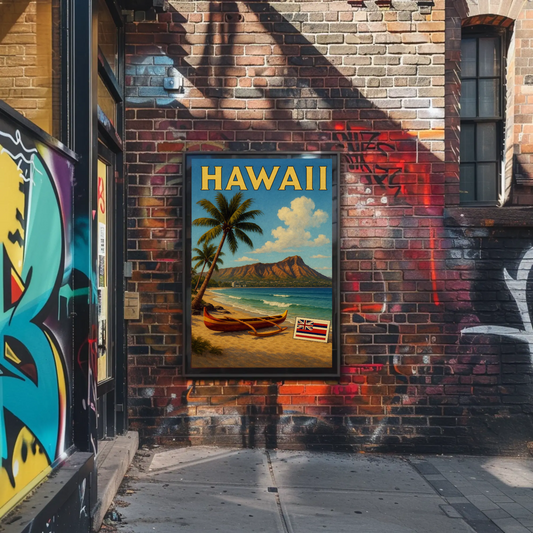 Hawaii Diamond Head Canoe Beach Flag Poster