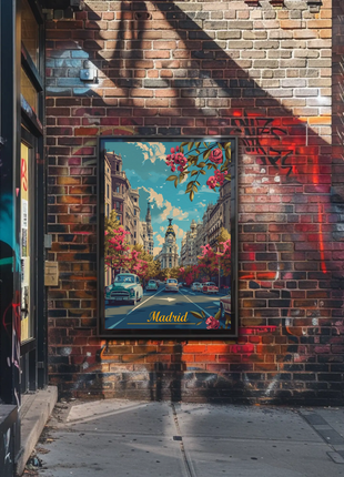 Madrid Spring Streetscape Flowers Cars Classic Travel Poster