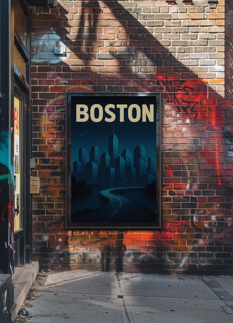 Boston Massachusetts Night Skyline Stars Modern Travel Poster