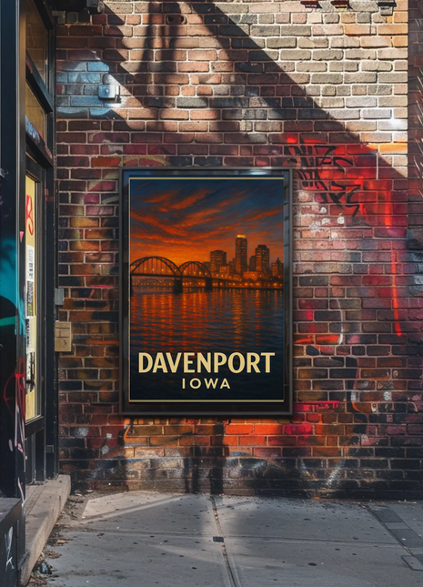 Davenport Iowa River Skyline Sunset Travel Poster