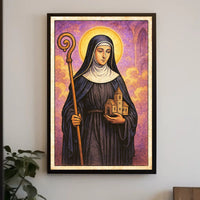 Saintly Figure with Church Model Poster PosterGoat