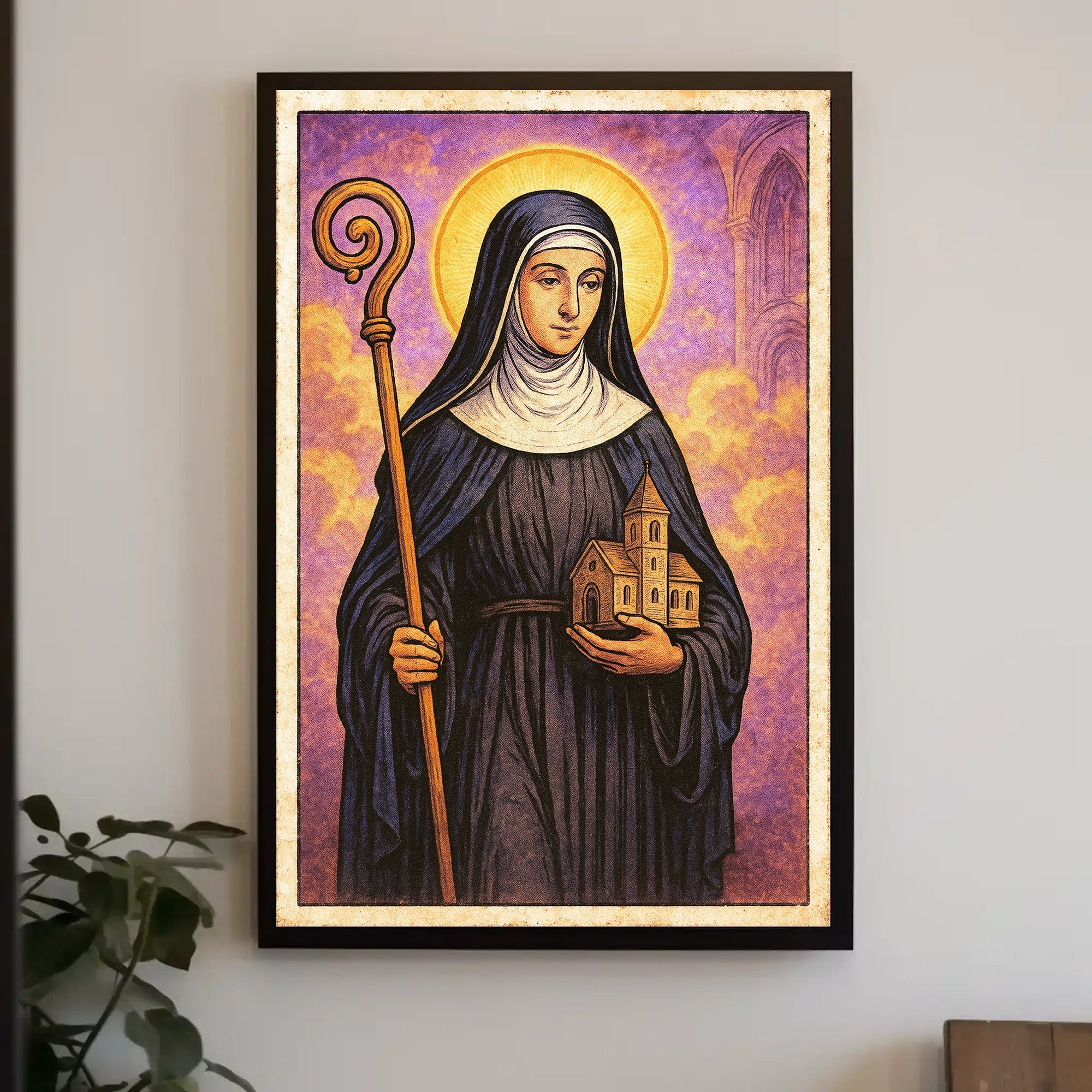 Saintly Figure with Church Model Poster PosterGoat