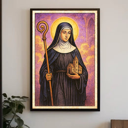 Saintly Figure with Church Model Poster PosterGoat
