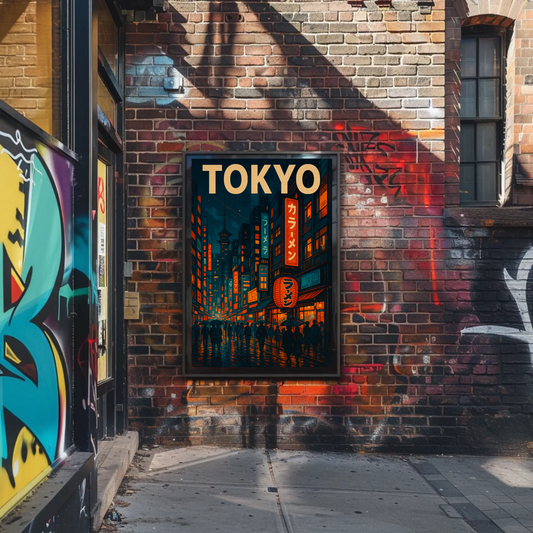 Tokyo Night Rain Lantern Travel Poster