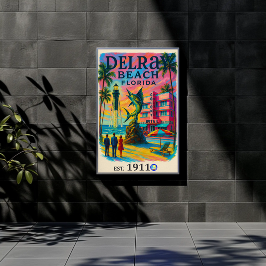 Delray Beach Hotel Lighthouse Fish Palms Vintage Travel Poster Wall Art