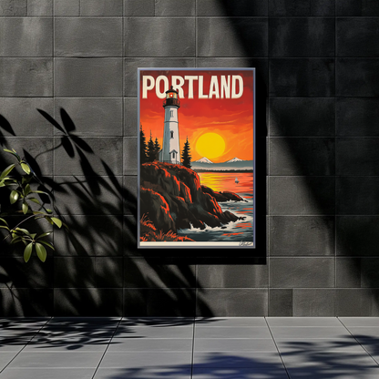 Portland Vintage Poster - Lighthouse at Sunset