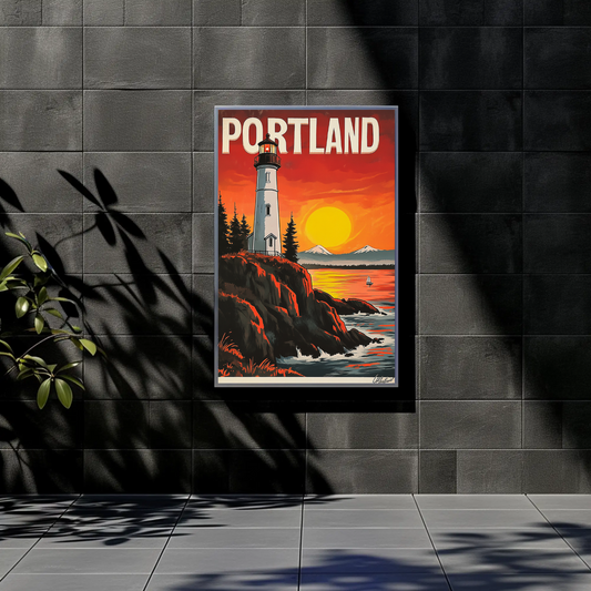 Portland Vintage Poster - Lighthouse at Sunset