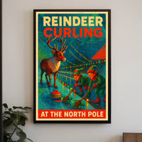 Reindeer Curling at the North Pole Poster