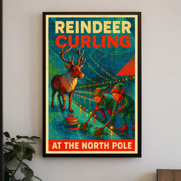 Reindeer Curling at the North Pole Poster