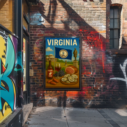 Virginia Wine Ham Monuments Flag Oysters Travel Poster
