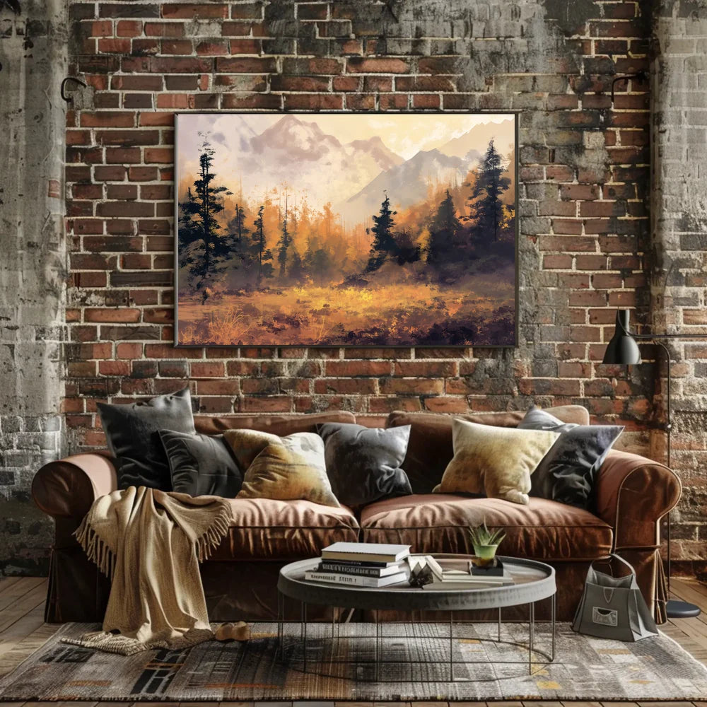 Autumn Tranquility: Impressionistic Forest and Mountains Poster