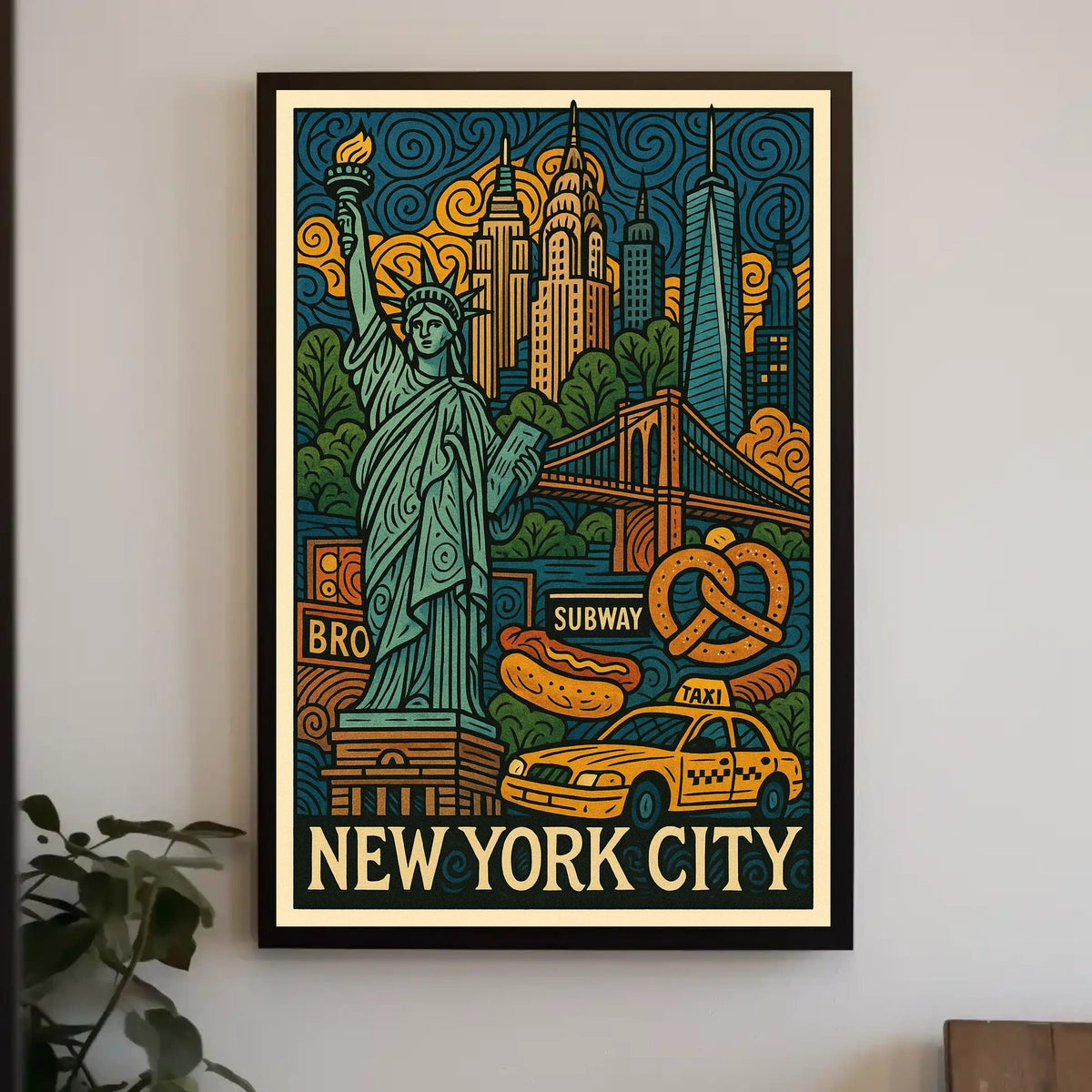 New York City Icons Vibrant Poster Modern Wall Art