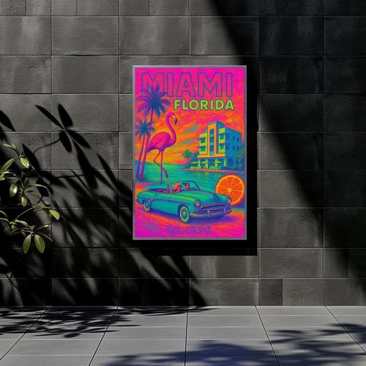 Miami Florida Flamingo Car Neon Est 1896 Vintage Travel Poster