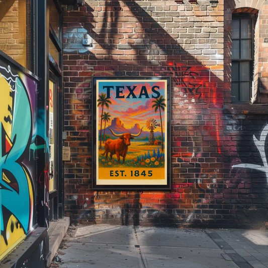 Texas Sunset Longhorn Windmill Landscape Travel Poster