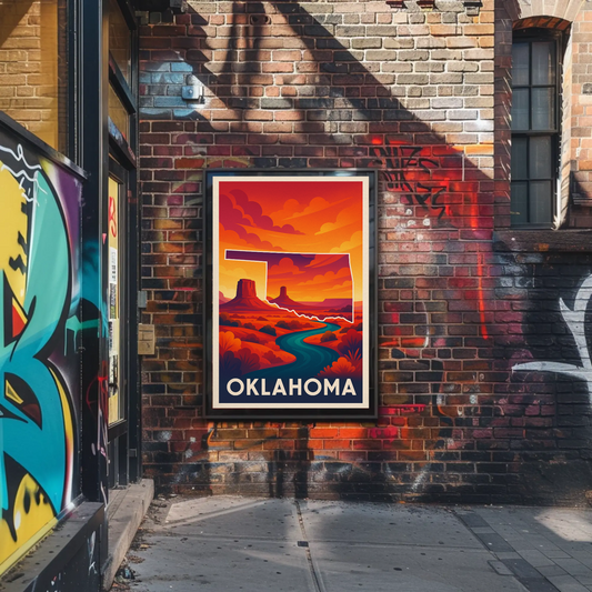 Oklahoma Desert Sunset River Canyon Scenery Travel Poster
