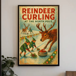 Reindeer Curling at the North Pole Poster