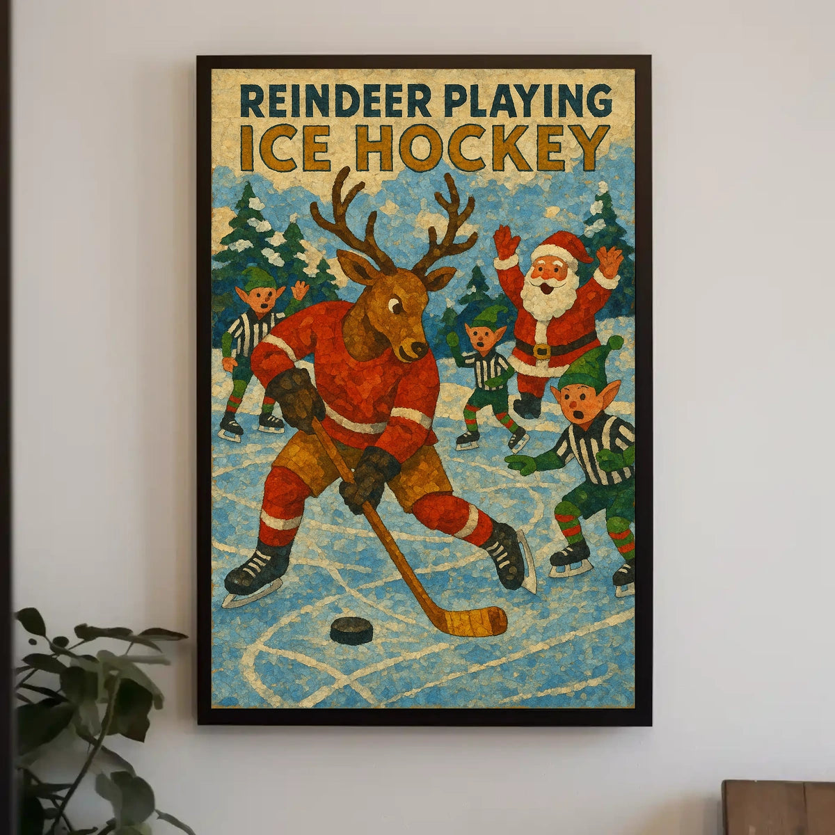 Whimsical Holiday Reindeer Playing Hockey Sports Poster