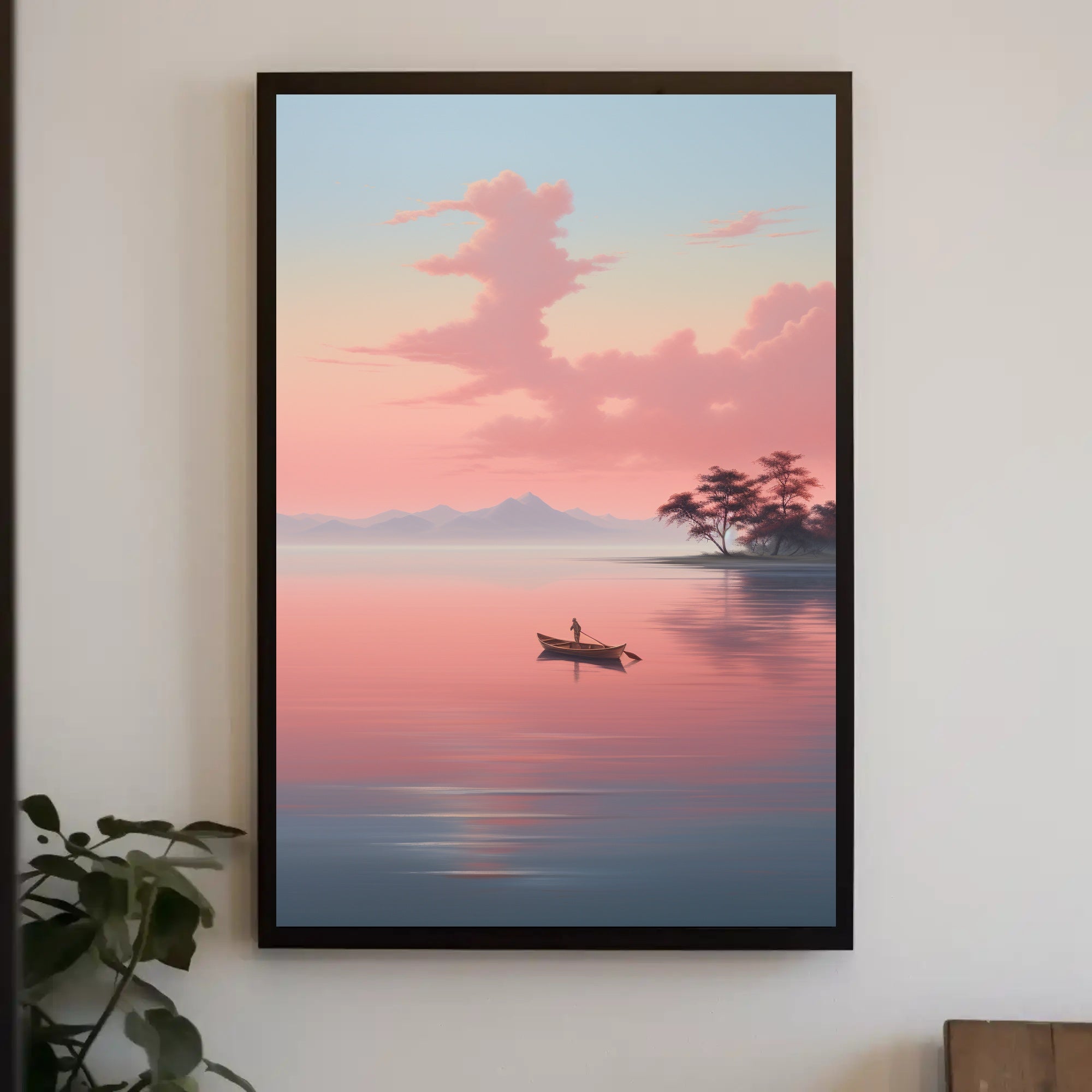 Tranquil Rowboat Scene: Minimalist Nature Inspired Artistic Poster