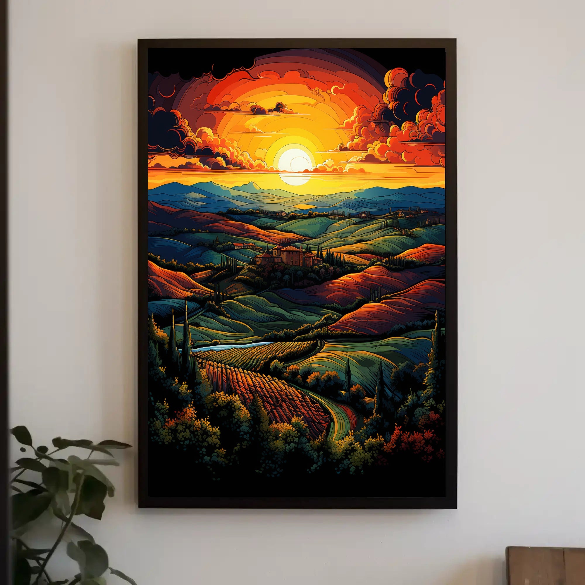 Vibrant Sunset Over Rolling Hills Poster